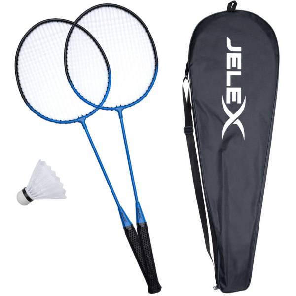 JELEX United Batminton rakets met pluimpje set van 2 zwart-blauw