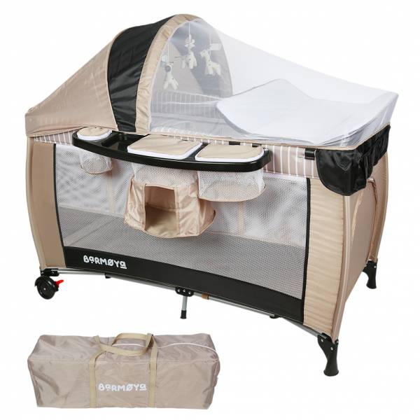 Barmøya 3-in-1 Baby-Reisebett mit Wickelauflage – Reisebett, Laufstall &amp; Beistellbett beige