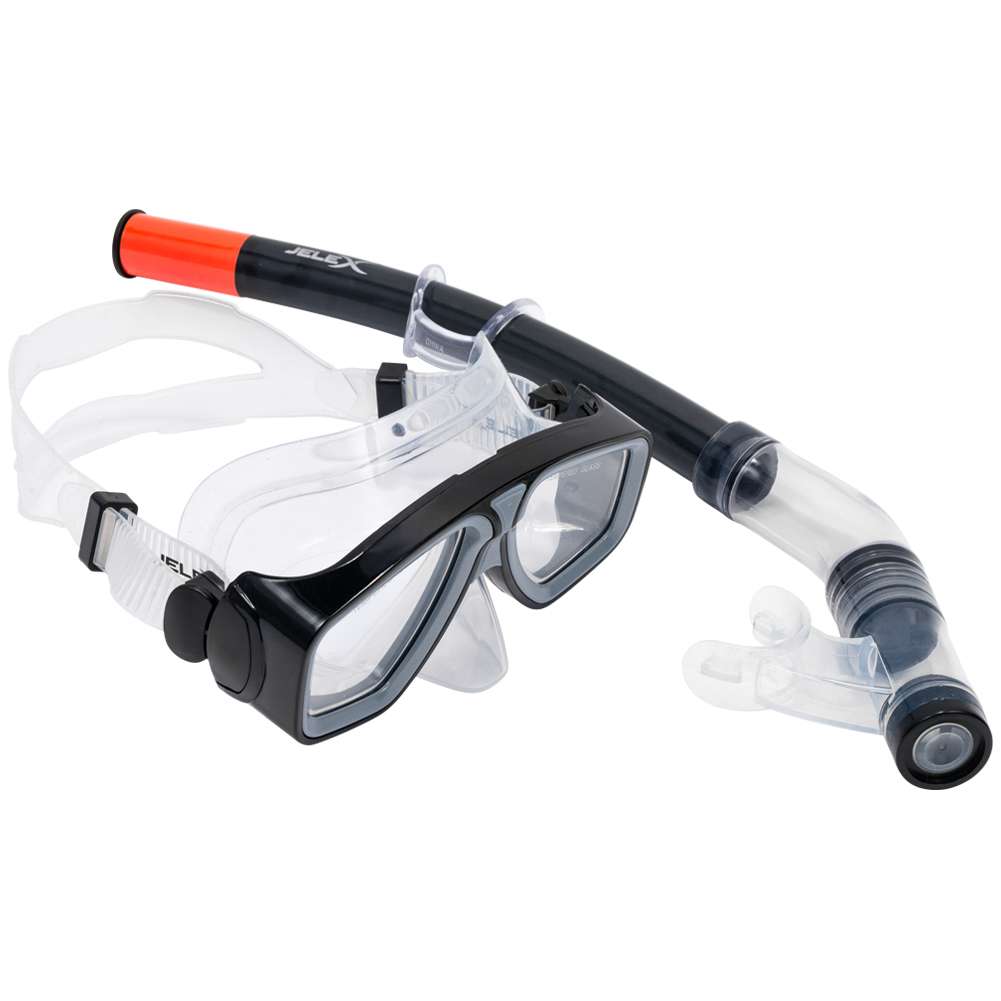 JELEX Lot Tuba + Masque + Palmes + Filet – Set Plongée Snorkeling Noir 44-48, Verre Trempé Anti-Buée, Confort Optimal