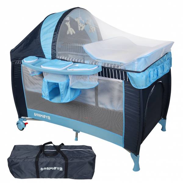 Barmøya 3-in-1 Baby-Reisebett mit Wickelauflage – Reisebett, Laufstall &amp; Beistellbett blau