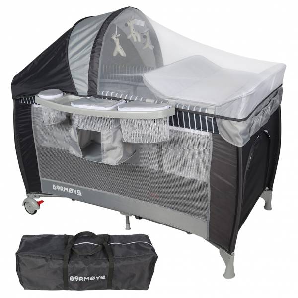 Barmøya 3-in-1 Baby-Reisebett mit Wickelauflage – Reisebett, Laufstall &amp; Beistellbett grau