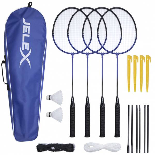 JELEX Big Utd. Badminton Schläger mit Ball und Netz 4er-Set