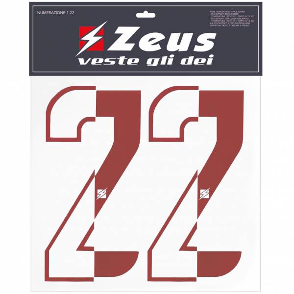 Zeus Números termoadhesivos 1-22 25cm alto medio rojo Givova