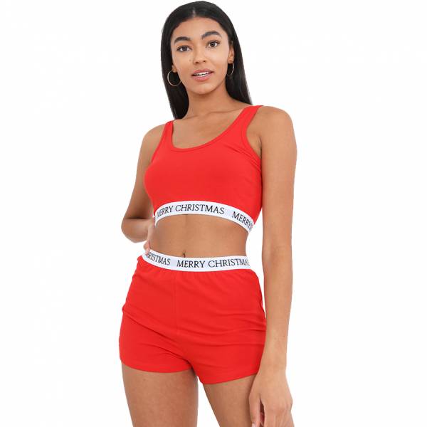 BRAVE SOUL Merry Christmas Kobiety Zestaw loungewear crop top i spodenki LPJ-18NYLARED