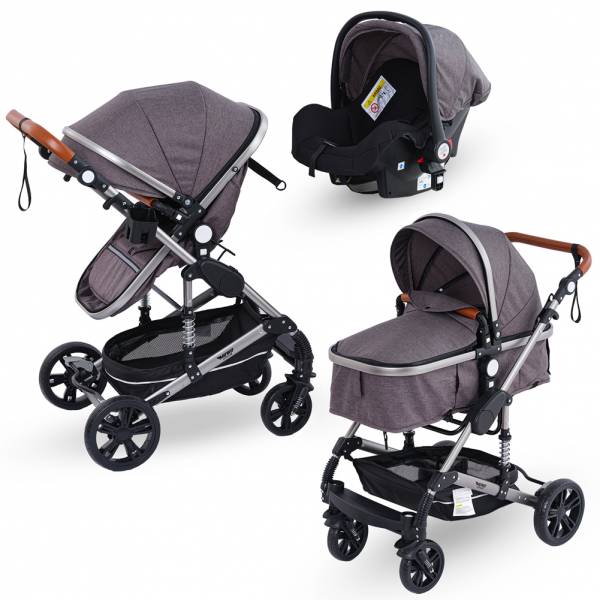 MUWO 3 in 1 Kombi-Kinderwagen Komplettset grau