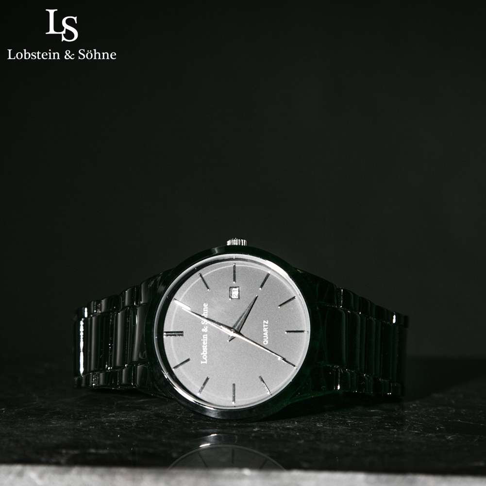 Lobstein & Söhne® Orologio da polso analogico 12 ore, impermeabile fino a 3 ATM, chiusura regolabile, batteria e imballaggio, per moda e tempo libero, Oskar - Nero, Classico